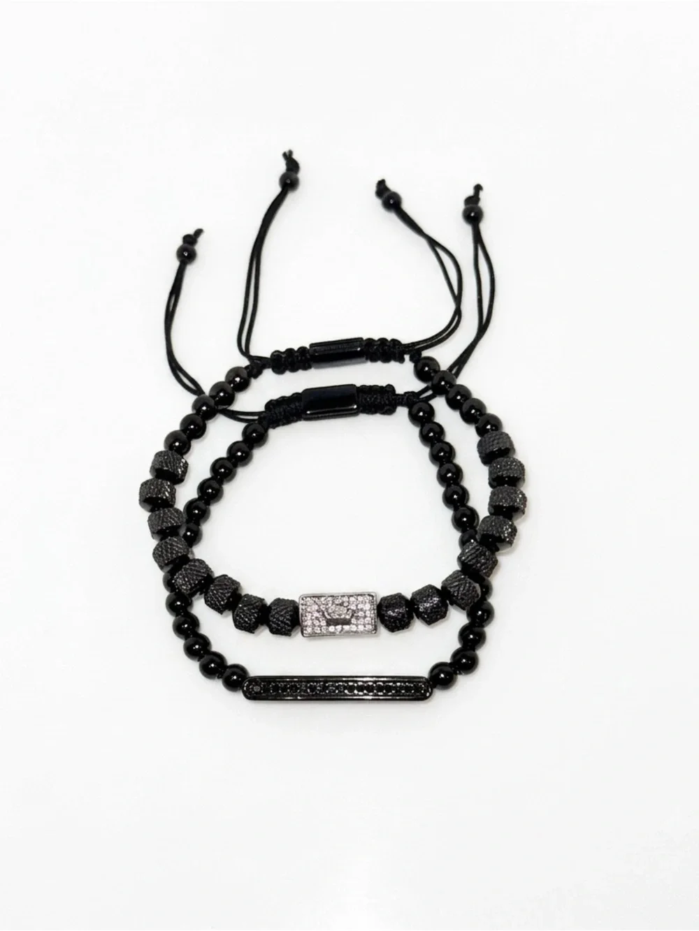 Double Unisex Black and Silver Beaded Bracelet with Crown Accent
